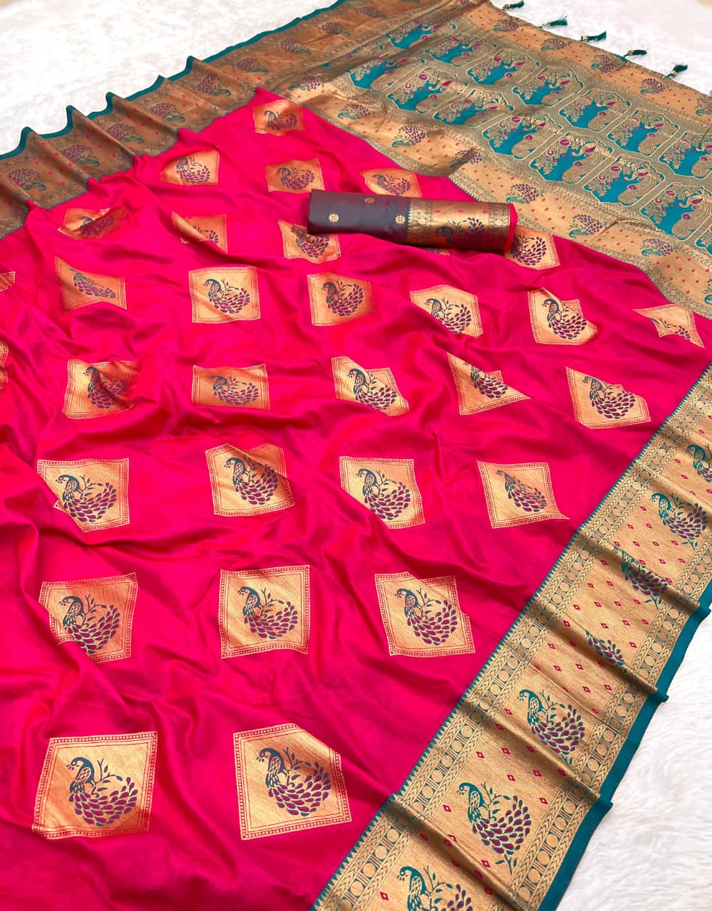 Premium Soft Silk Saree | Gold Zari & Meenakari Peacock Design | LP-002